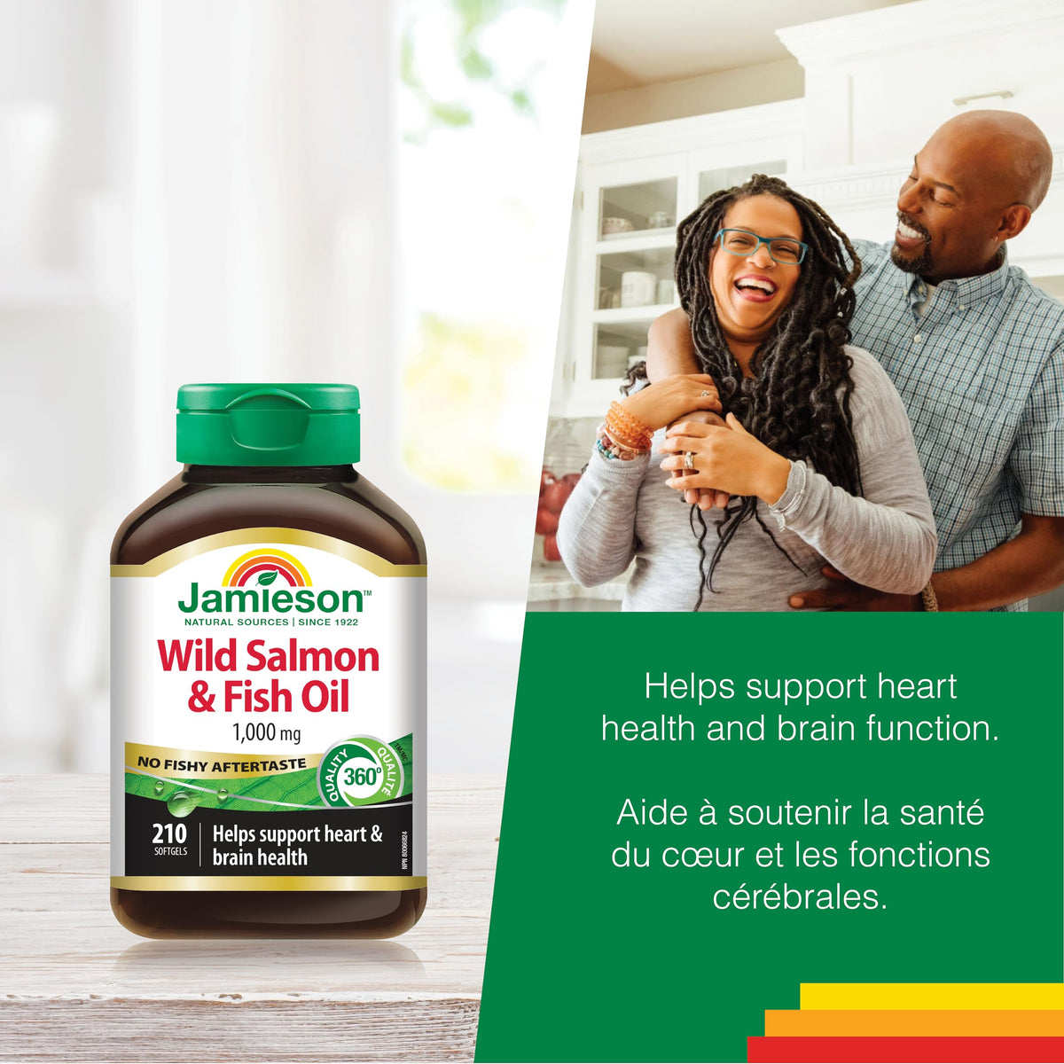 Jamieson Wild Salmon & Fish Oil 1,000 mg, No Fishy Aftertaste, Supports Heart Health and Brain Health. With Wild Alaskan Salmon, EPA, and DHA, Non-GMO, Gluten-Free, Proudly Canadian, 210 Softgels 🍁 All In One Marketplace Canada