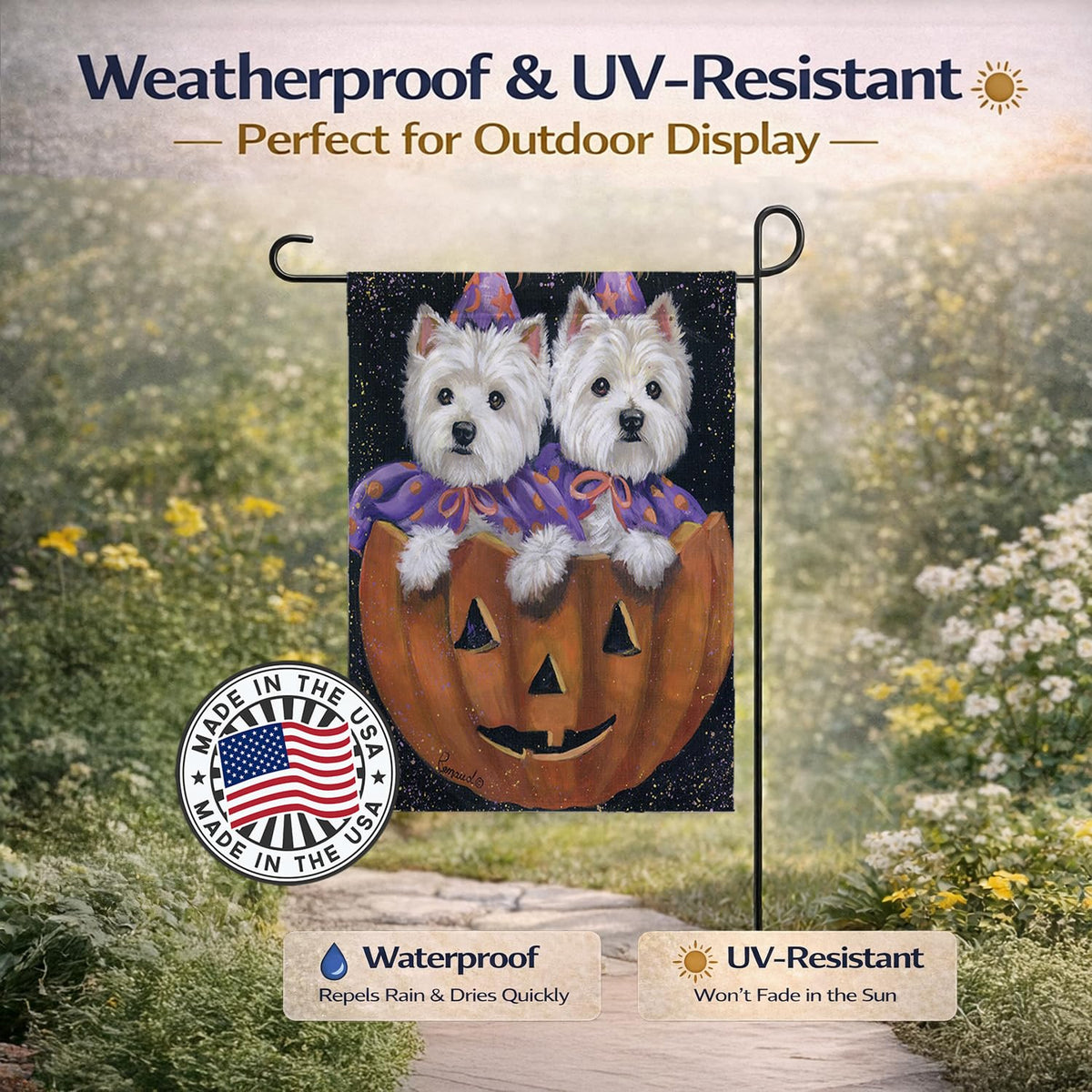 Caroline's Treasures PPP3205GF Westie Halloween Pumpkin Ride Flag Garden Size, Small, Multicolor