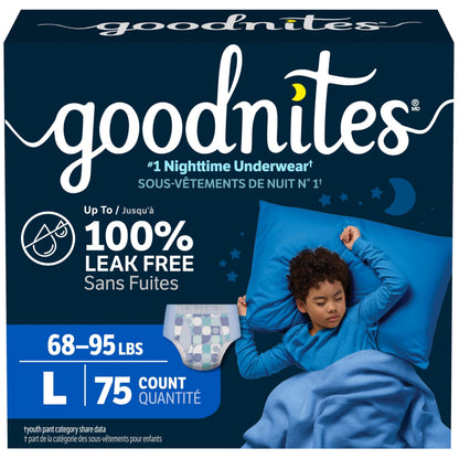 Goodnites Boys' Nighttime Bedwetting Underwear, Size Large (68-95 lbs), 75 Ct (3 Packs of 25), Packaging May Vary 🍁 All In One Marketplace Canada