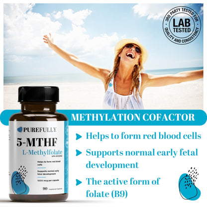 PUREFULLY 5-MTHF 1000mcg, 90 Capsules - L Methylfolate (Active Form of Vitamin B9 Folate) Supplement - Supports Cardiovascular Health and Early Fetal Development 🍁 All In One Marketplace Canada