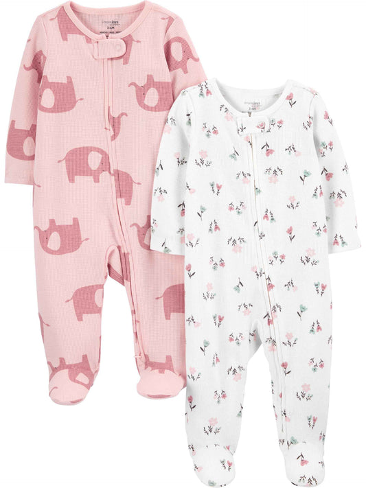 Simple Joys by Carter's Girls' Baby 2-Pack 2-Way Zip Thermal Footed Sleep and Play, Ivory, Floral/Elephants, Newborn 🍁 All In One Marketplace Canada