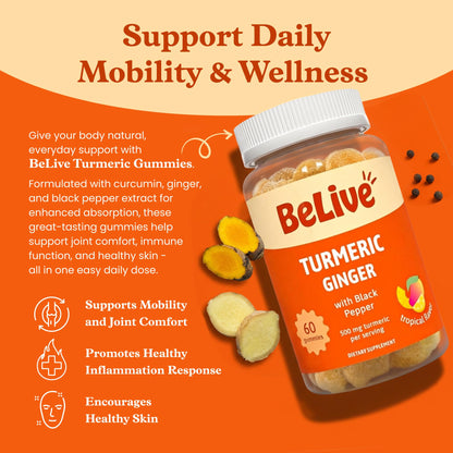 BeLive Turmeric Curcumin with Black Pepper & Ginger - 60 Gummies I Turmeric and Ginger Supplement for Immune Support, Healthy Skin, and Mobility - Tropical Flavor 🍁 All In One Marketplace Canada
