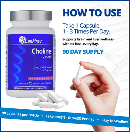 CanPrev Choline 275mg 90 Veggie Capsules, 90-Day Supply, VitaCholine for Cognitive Function, Memory & Focus, Vegan, Non-GMO, Gluten & Soy-Free, Supports Pregnancy, Liver & Heart Health, Made in Canada 🍁 All In One Marketplace Canada