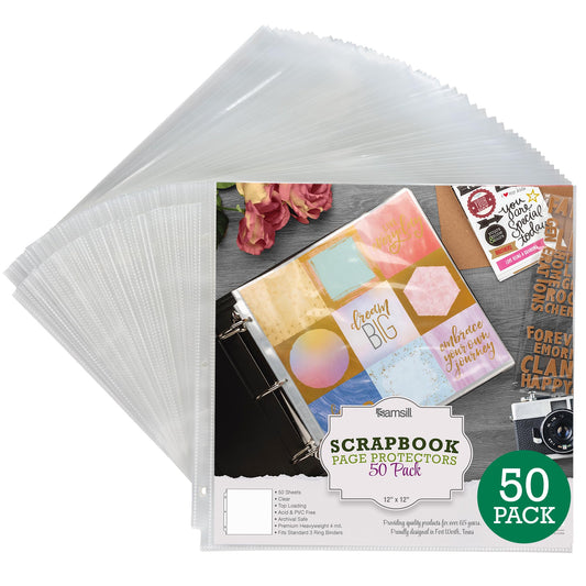Samsill Scrapbook Refill Pages 12x12 Inch, 50 Pack, Fits 3 Ring Scrapbook Binders and 12x12 Photo Albums, Top-Loading, Heavy-Duty, Holds 2 Pages, Super Clear