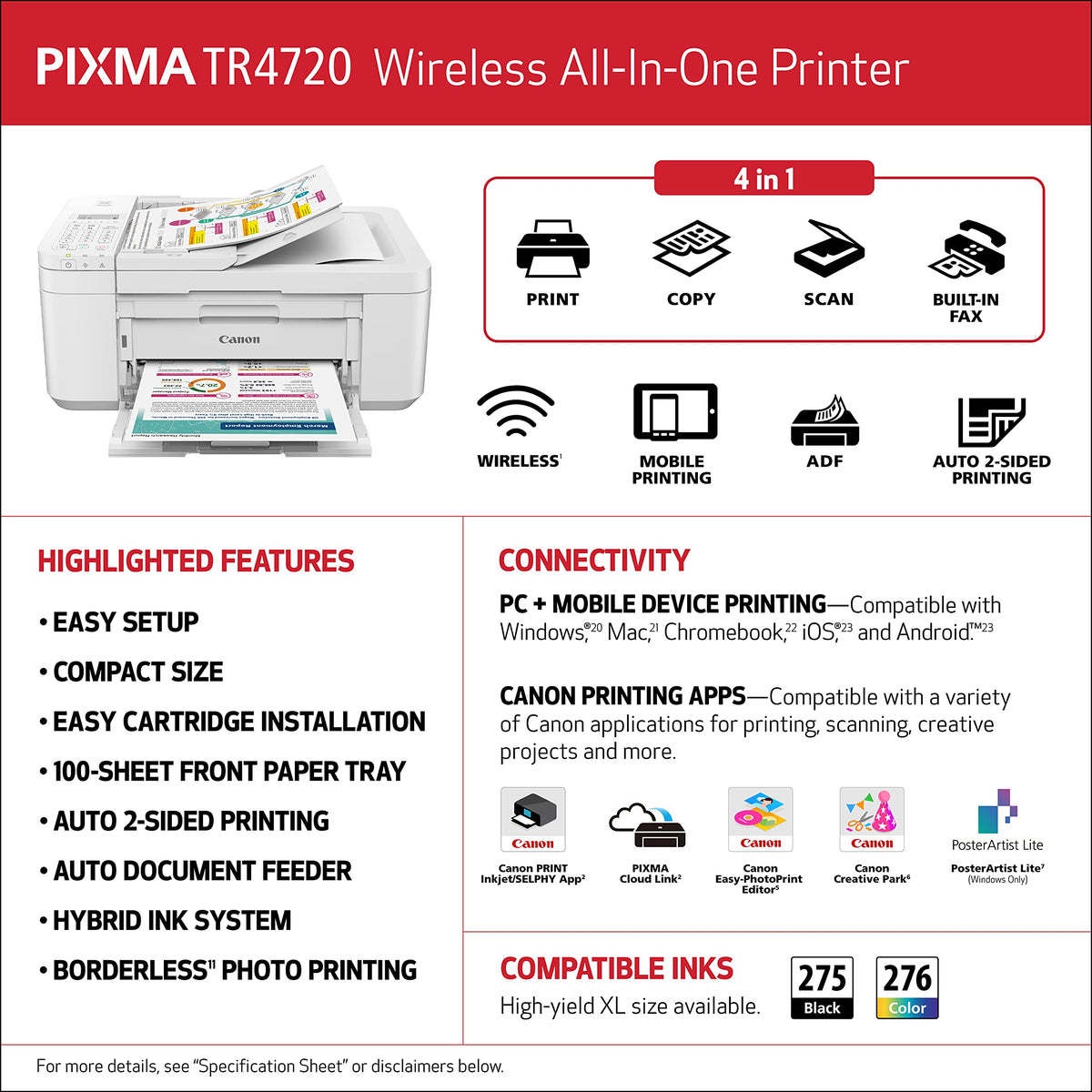 Canon PIXMA TR4720 All-in-One Wireless Printer Home use, with Auto Document Feeder, Mobile Printing and Built-in Fax, White 🍁 All In One Marketplace Canada
