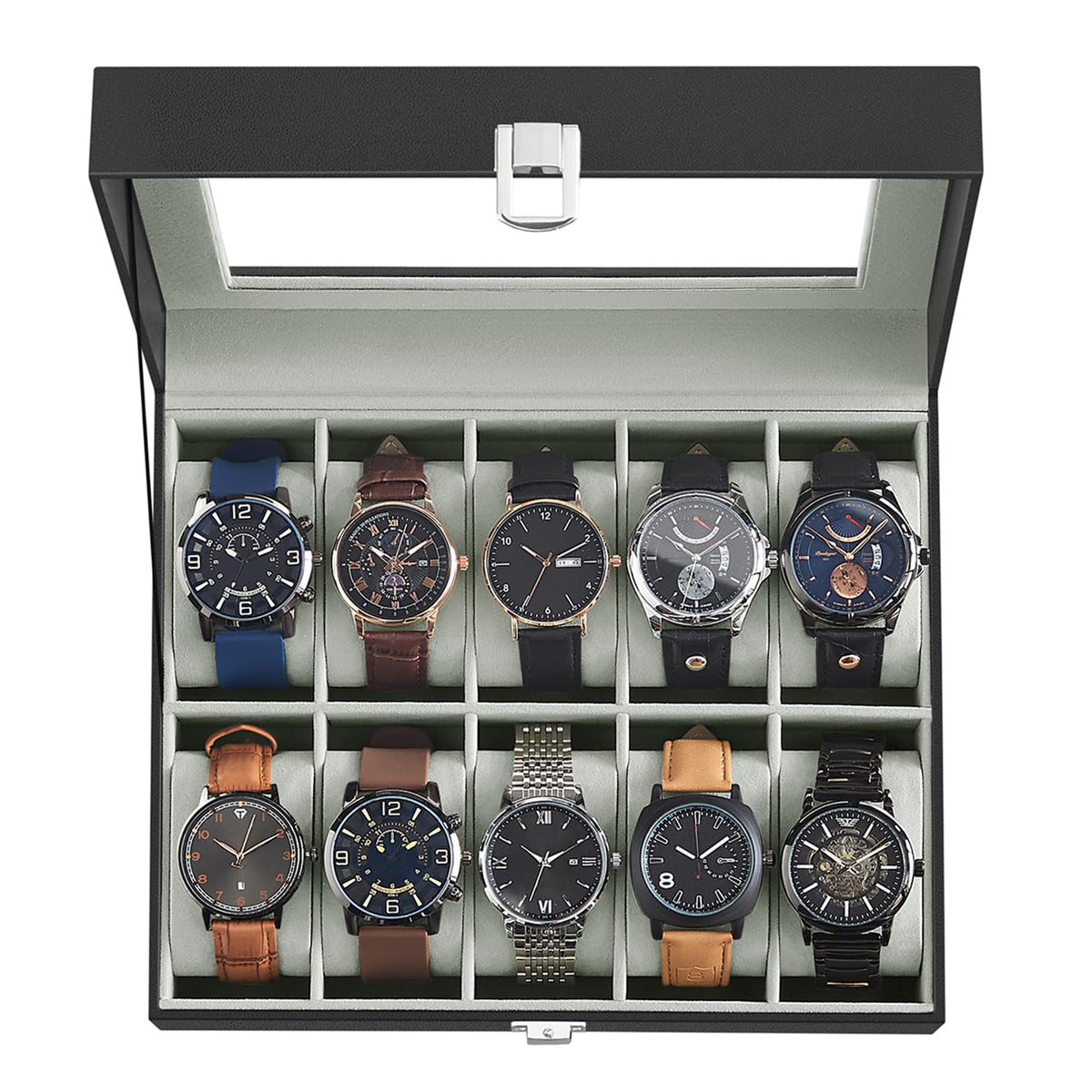 SONGMICS Watch Box, 10-Slot Watch Case Organizer with Large Glass Lid, Removable Pillows, Gift for Loved Ones, Black Synthetic Leather, Gray Lining UJWB010BK 🍁 All In One Marketplace Canada