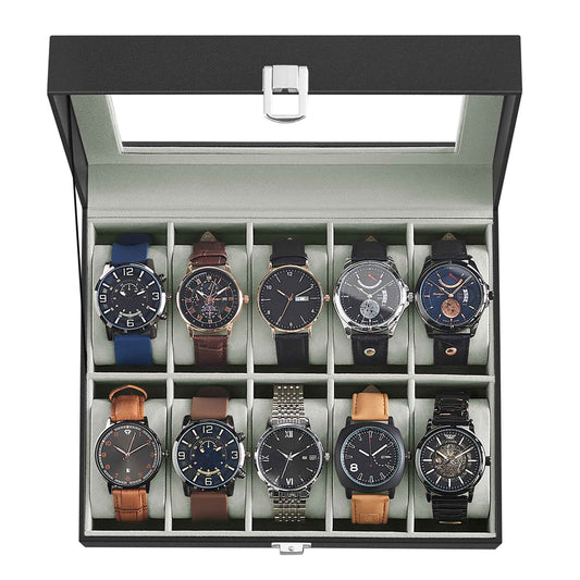 SONGMICS Watch Box, 10-Slot Watch Case Organizer with Large Glass Lid, Removable Pillows, Gift for Loved Ones, Black Synthetic Leather, Gray Lining UJWB010BK 🍁 All In One Marketplace Canada