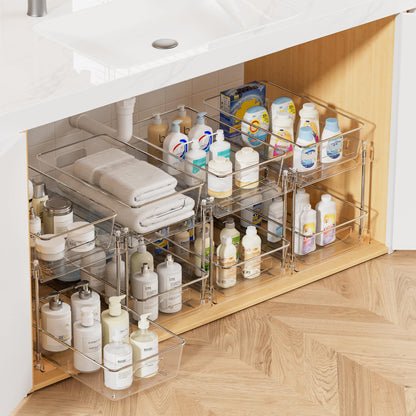 2 Tier Bathroom Storage Organizer, Vtopmart 4 Pack Clear Under Sink Organizers Vanity Counter Storage Container, Medicine Cabinet Drawers Bins, Pull-Out Organization with Track for Pantry, Kitchen 🍁 All In One Marketplace Canada