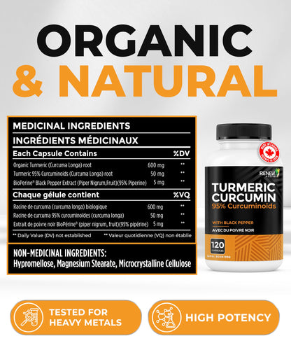 RENEW ACTIVES Turmeric Curcumin – Ultra Potent 95% Curcuminoids with BioPerine Black Pepper for Maximum Absorption – Supports Joint Health, Mobility, Digestion & Liver – Made in Canada – 120 Capsules 🍁 All In One Marketplace Canada