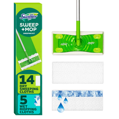 Swiffer Sweep + Mop, Broom & Mop Alternative, Dry & Wet Floor Cleaner for Dirt, Dust, Hair, All Purpose Cleaning Tool for Home, Bathroom, Kitchen, Set Includes 1 Sweeper, 14 Dry Pads, 5 Wet Pads Fresh 🍁 All In One Marketplace Canada