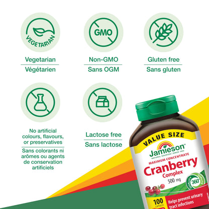 Jamieson Cranberry Complex, with 450 mg Cranberry Extract and 50 mg D-Mannose, Antioxidant, Max Concentrate, and Protects Against Urinary Tract Infections. Non-GMO, Gluten-Free, 100 Vegetarian Capsules 🍁 All In One Marketplace Canada