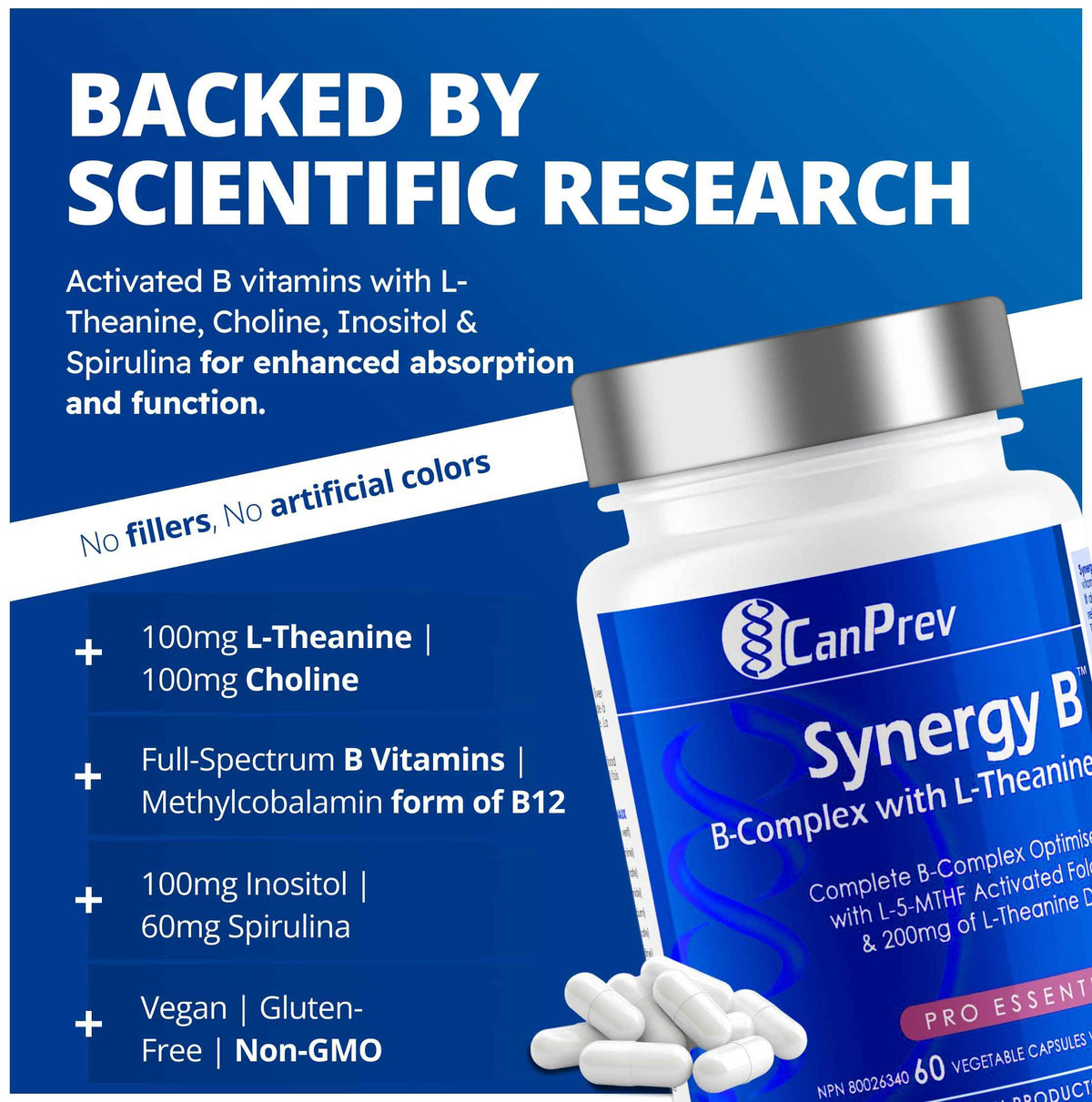 CanPrev Synergy B Complex 60 V-Caps 30-Day Supply - Vitamin B Supplement with L-Theanine 200mg - Complete B Complex Optimized with L-5-MTHF Activated Folate & Spirulina - Vegan, Non-GMO & Gluten-Free 🍁 All In One Marketplace Canada