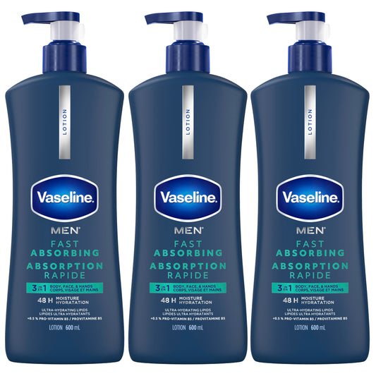 Vaseline Men 3 in 1 Body, Face & Hands Lotion 48 H Dry skin moisturizer, Fast Absorbing with Ultra hydrating lipids, 600 ml (3-pack) 🍁 All In One Marketplace Canada