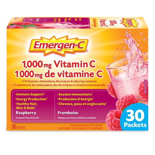 Emergen-C® Raspberry (30 Count), 1000mg Vitamin C / Electrolytes / B Vitamins Mineral Supplement 🍁 All In One Marketplace Canada