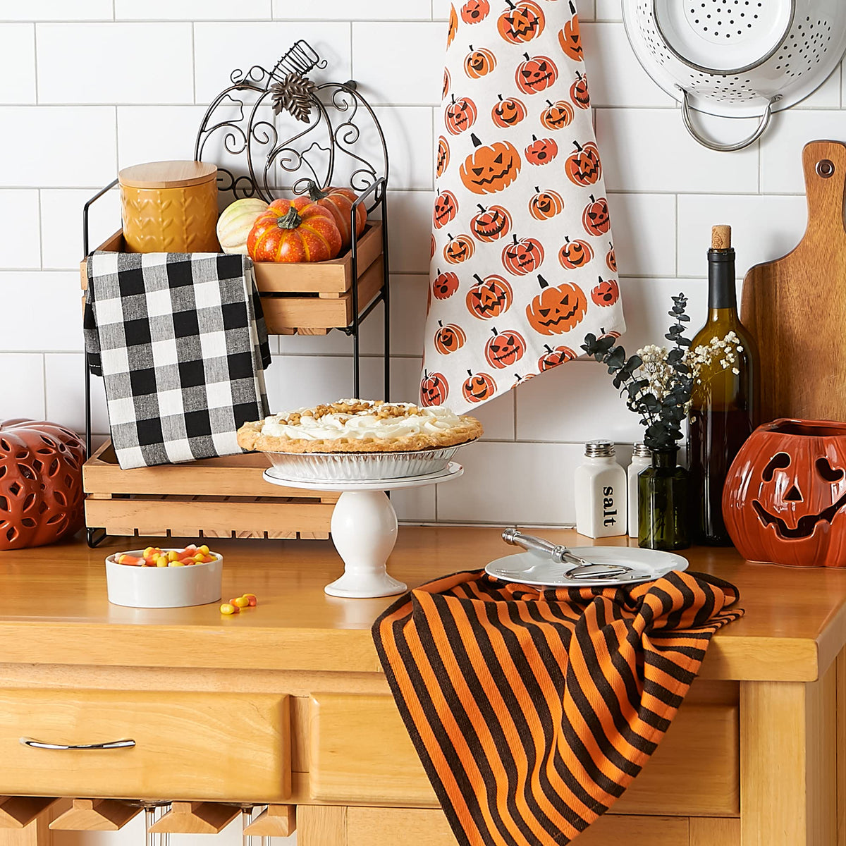 DII Halloween Hand Towels for The Kitchen Decorative Spooky & Fun Cotton Printed Dishtowel Set, 18x28, Black & White Buffalo Check/Orange Stripes, 3 Count