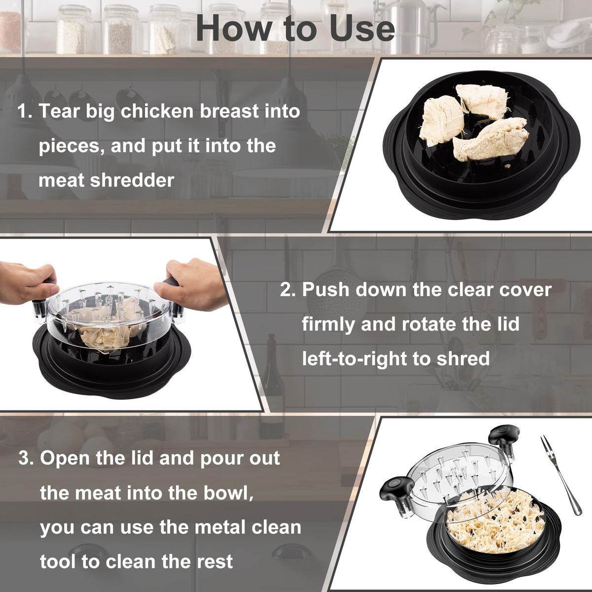 Chicken Shredder Tool Twist Large Chicken Breast Shredder with Brush&Fork, Visible Meat Shredder Machine, Strong Anti-Slip Strip, Ergonomic Handle, BPA Free, Suitable for Pork Beef Chicken (Black) 🍁 All In One Marketplace Canada