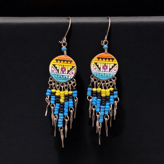 Yellow and Turquoise Southwestern Round Shaped Dangle Earrings