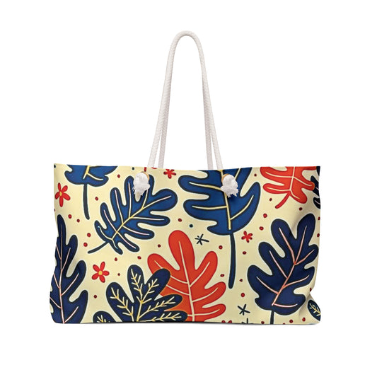 Abstract Tropical Leaves Weekender Bag | Blue Orange Leaf Pattern, Large Tote Bag
