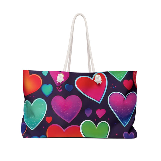 Neon Rainbow Hearts Weekender Bag | Colorful Heart Pattern Tote