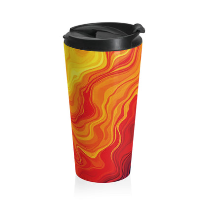 Sunset Swirl Stainless Steel Travel Mug — Insulated Orange & Yellow Marble Drink Tumbler