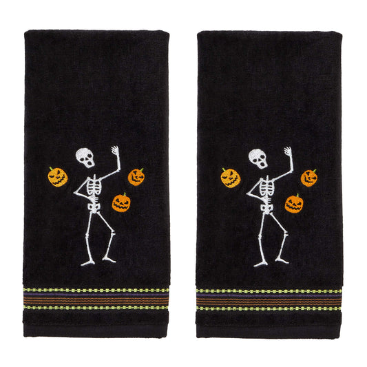 SKL Home Halloween Juggling Skeleton 100% Cotton Embroidered 2pc Hand Towel Set, Decorative for Bath/Kitchen/Bar & Gift, Black