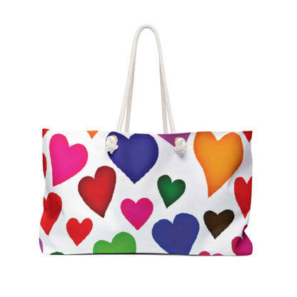 Colorful Heart Pattern Weekender Bag | Large Tote, Rainbow Hearts Travel Bag