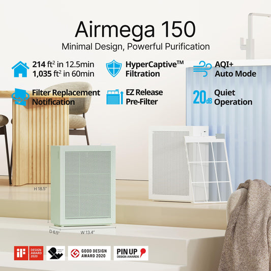 COWAY Air Purifiers for Home Bedroom up to 1,035ft² with HEPA Filter, Carbon Filter, Washable Filter for Smoke, Pollen, Dander, with Air Quality Monitor, Auto Mode, 3yr Warranty, Airmega 150 Green 🍁 All In One Marketplace Canada