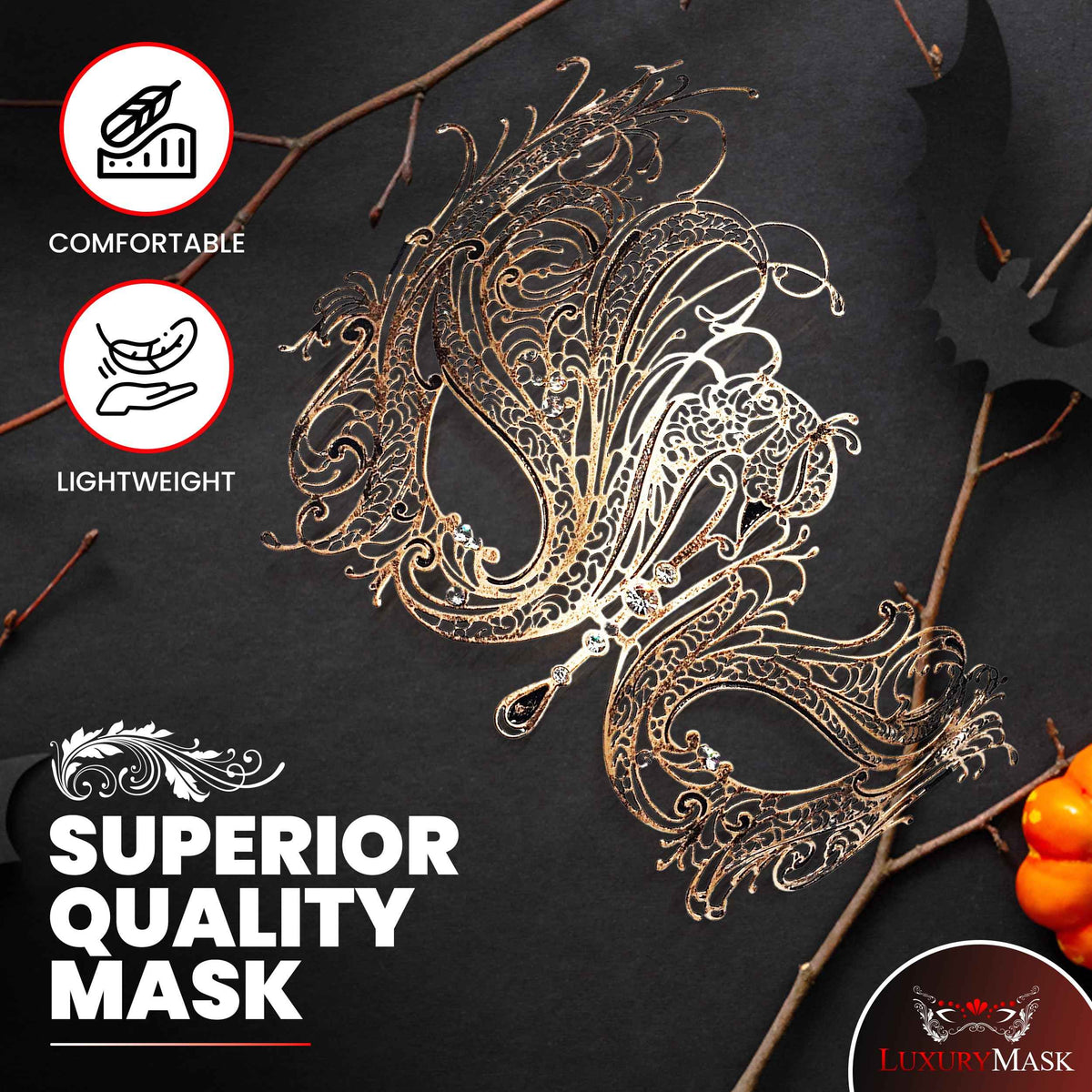 Metal Filigree Masquerade Mask for Women - Swan Style Mask with Rhinestones for Mardi Gras, Prom, Halloween & Venetian Party