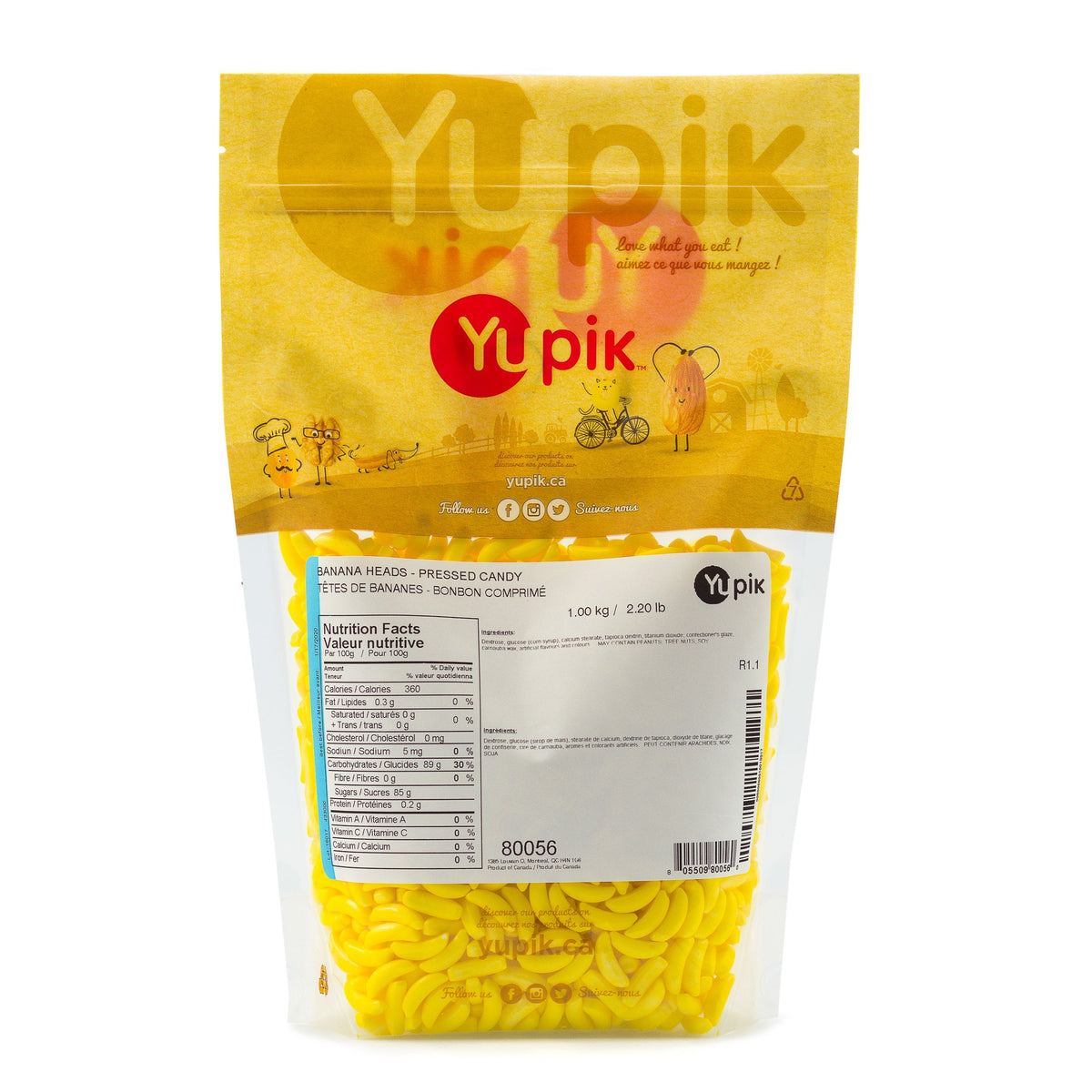 Yupik Banana Heads Pressed Candies, 1 kg , 6 Count, Kosher, Gluten-Free, Fruity Flavor, Banana-Shaped Treats, Candy Machine Refills, Fun & Nostalgic, Ideal for Gifting, Halloween & Holidays