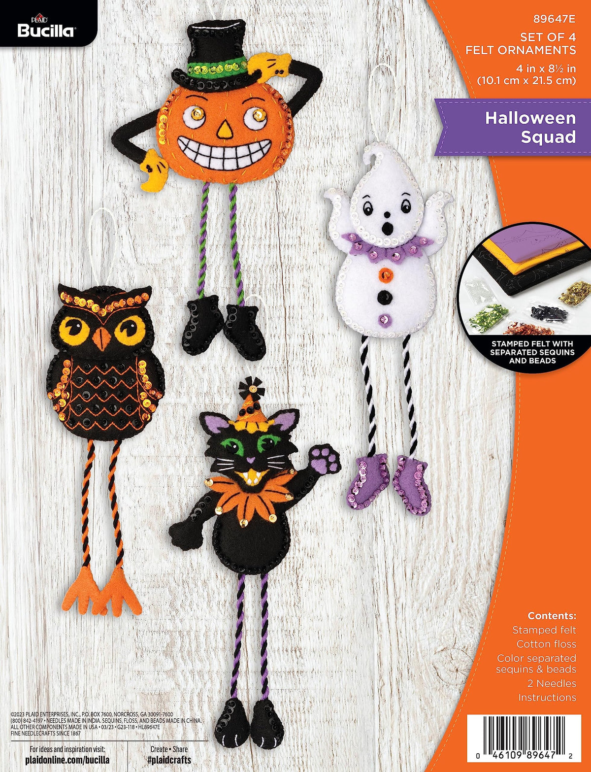 Bucilla Felt Applique 4 Piece Ornament Making Kit, Halloween Squad, Perfect for Halloween DIY Needlepoint Arts and Crafts, 89647E