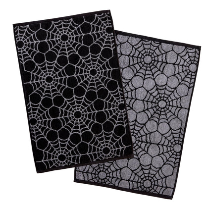 SKL Home Halloween Spider Web 100% Cotton Jacquard 2pc Hand Towel Set, Reversible, Soft & Absorbent, Decorative for Bath/Kitchen/Bar & Gift, Black