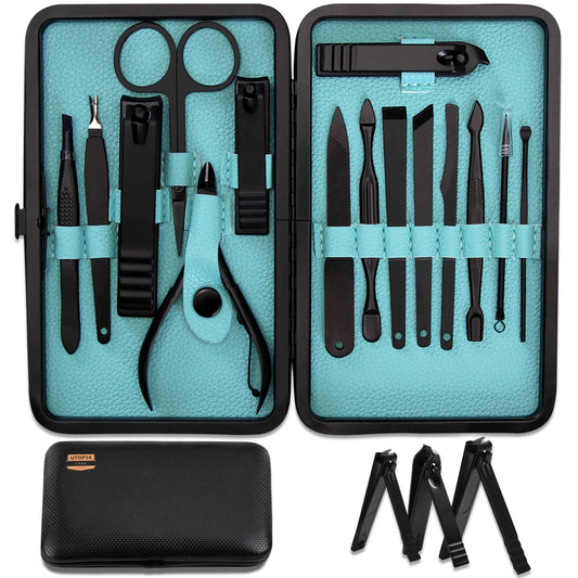 Utopia Care - 15 in 1 Stainless Steel Professional Manicure Pedicure Set Nail Clippers Kit – Portable Travel Grooming Kit - Facial, Cuticle and Nail Care for Men and Women (Black) 🍁 All In One Marketplace Canada