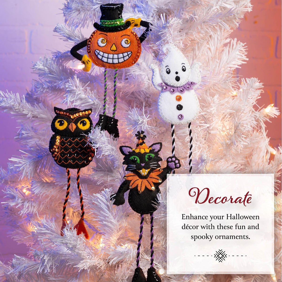 Bucilla Felt Applique 4 Piece Ornament Making Kit, Halloween Squad, Perfect for Halloween DIY Needlepoint Arts and Crafts, 89647E