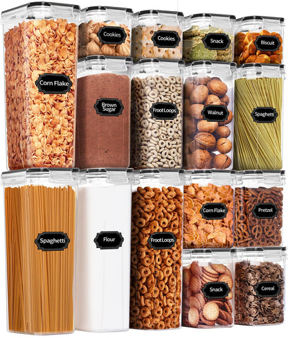 PRAKI Airtight Food Storage Container Set with Lids, 16 Pcs Plastic Dry Food Canisters for Kitchen Pantry Organizers and Storage, Ideal for Cereal, Flour & Sugar - Labels, Marker(Black) 🍁 All In One Marketplace Canada