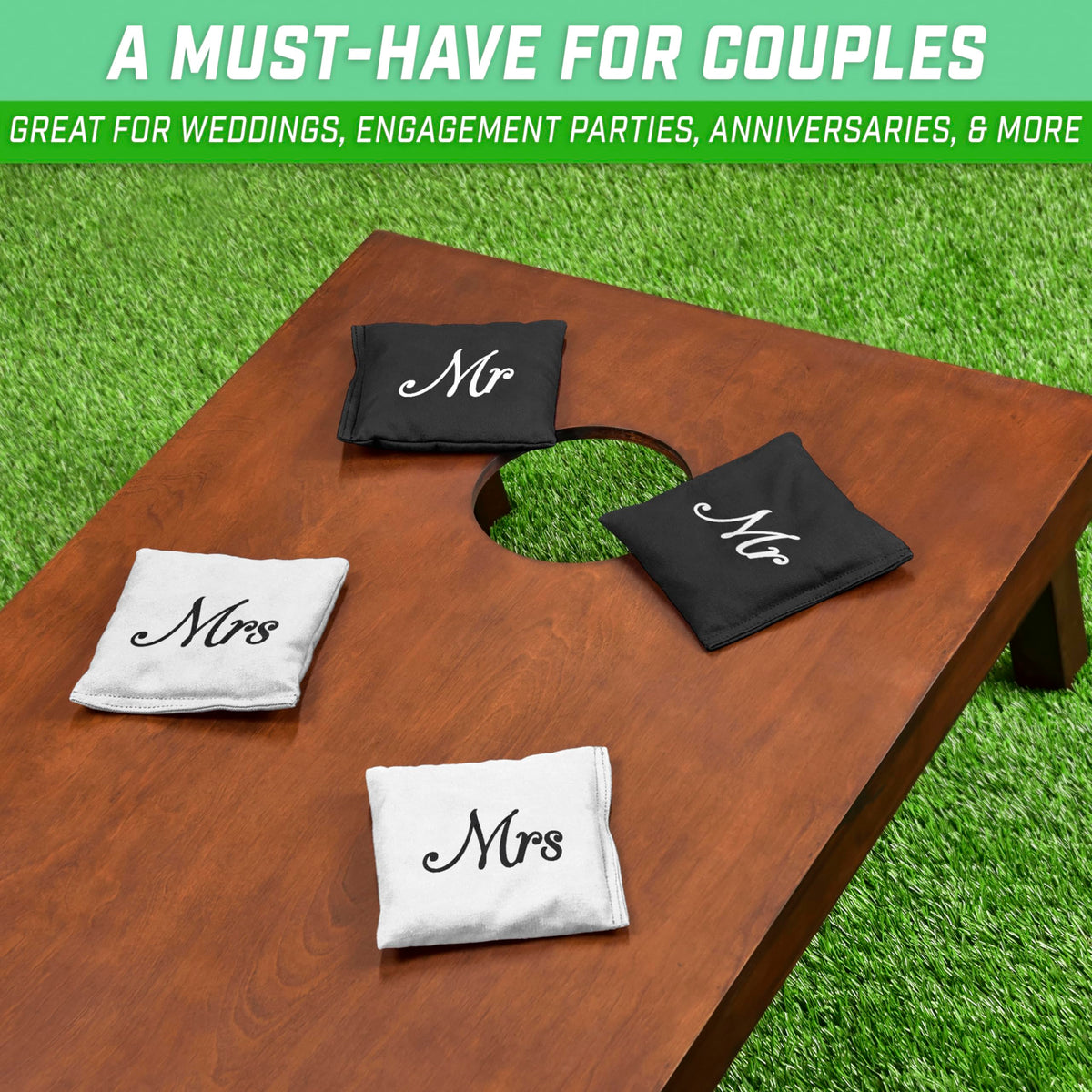 GoSports Wedding Theme Cornhole Bag Set - Includes 4 Black Mr Bags and 4 White Mrs Bags 🍁 All In One Marketplace Canada