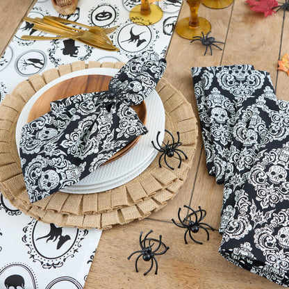DII Halloween Party Tabletop Decor, Reusable & Machine Washable Cotton Fabric, Napkin Set, 20x20, Black Skull Damask, 6 Piece