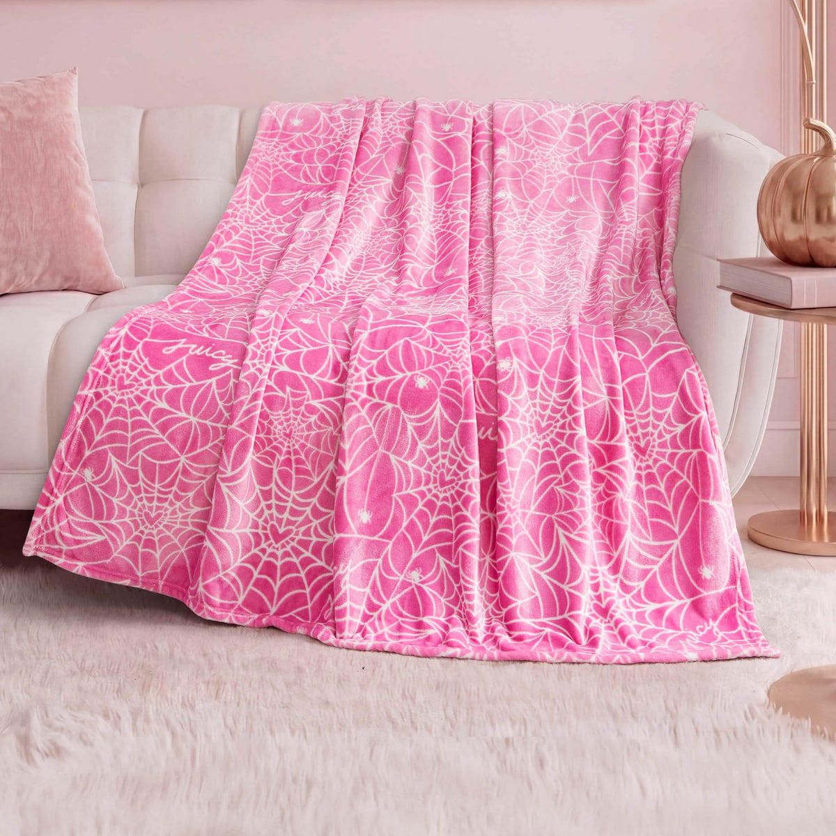 Juicy Couture Heart Spider Webs Halloween Plush Throw Blanket, Soft Polyester Decorative Throw for Sofa or Bed, Hot Pink, 50"x60"