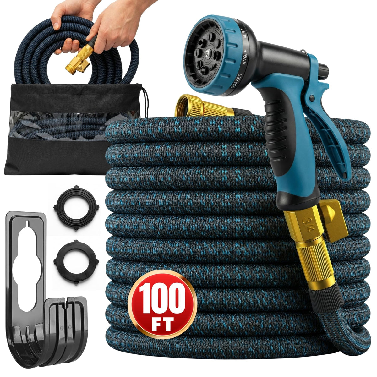 100ft Garden Hose with 10 Function Spray Nozzle, Expandable Garden Hose, 3/4" Easy Removal Solid Brass Connector, Flexible Water Hose, Extra Durable Material, Black&Blue by Luft 🍁 All In One Marketplace Canada