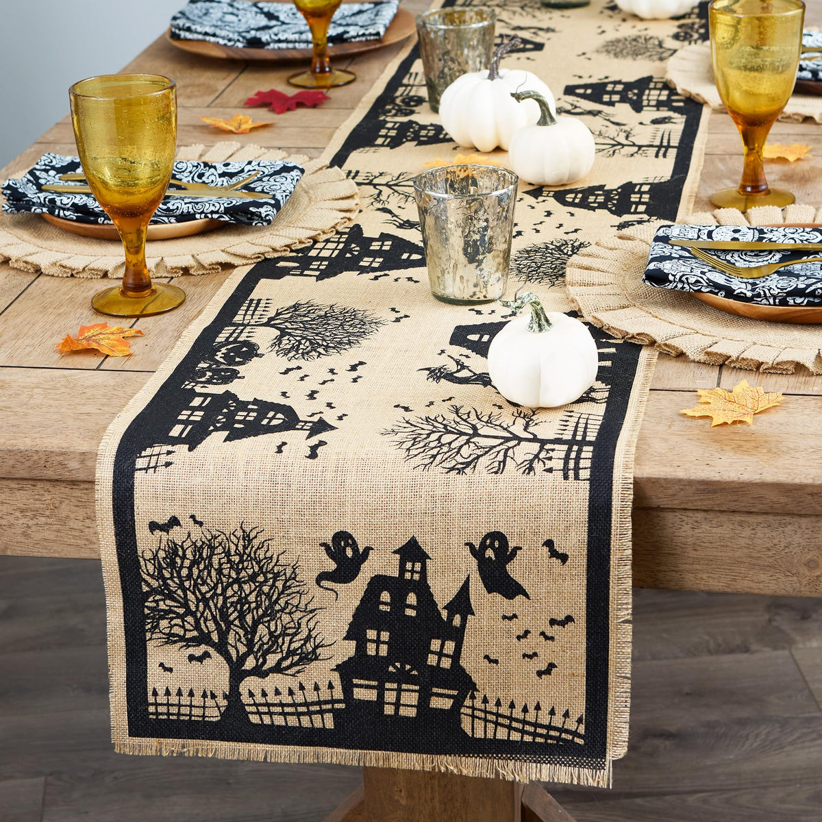 DII Halloween Primitive Style Burlap Tabletop Décor, Spooky Haunted House Jute, Table Runner, 14x113, Black & Tan