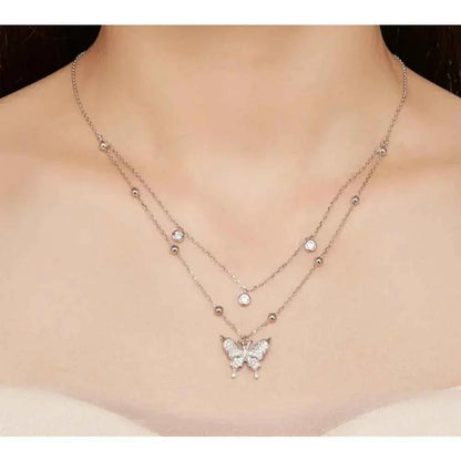 925 Sterling Silver Double-layer Tassel Butterfly Pendant Necklace for Women - Elegant Fine jewelry