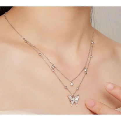 925 Sterling Silver Double-layer Tassel Butterfly Pendant Necklace for Women - Elegant Fine jewelry