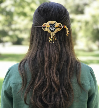 Wolf Fringed Beaded Barrette & Wooden Stick