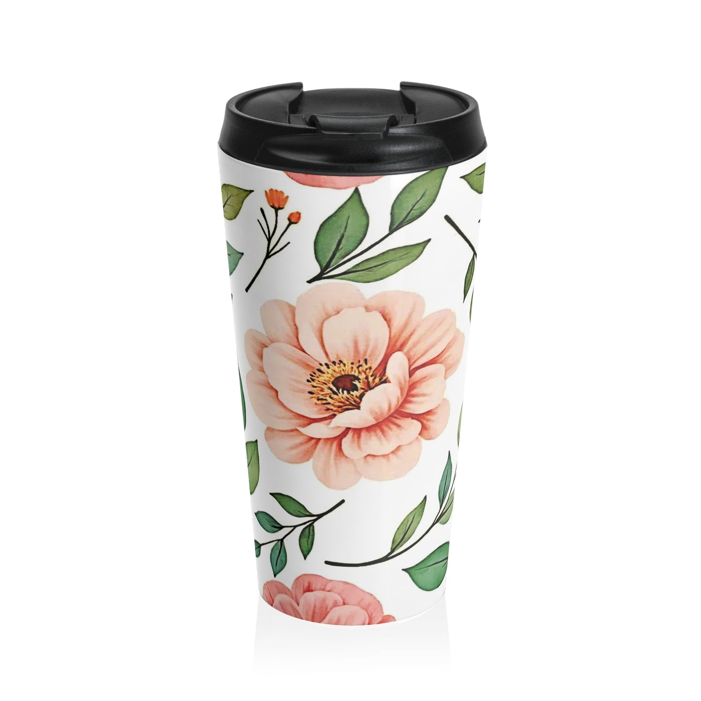 Peach Floral Pattern Stainless Steel Travel Mug | Botanical Leaves - AURABAGS SHOP