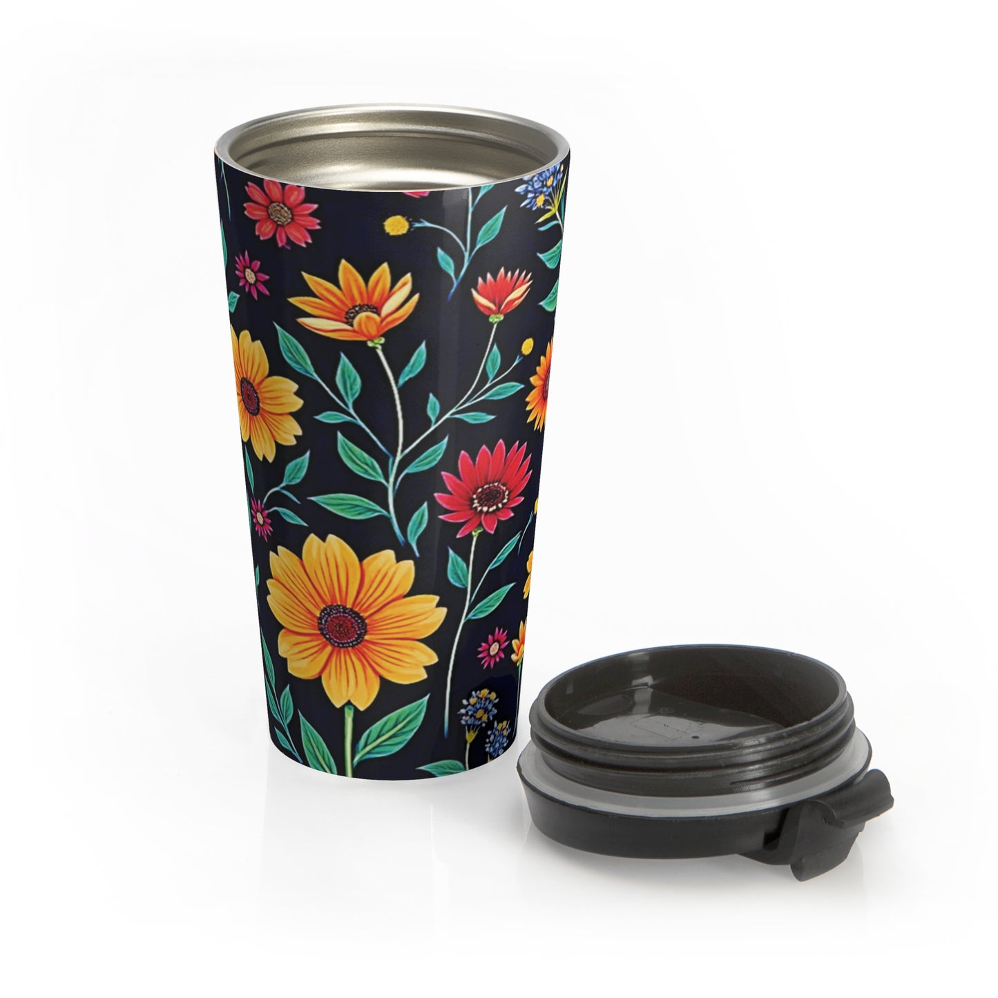 Colorful Floral Pattern Stainless Steel Travel Mug | Black Background - AURABAGS SHOP