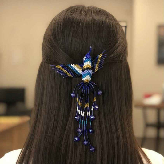 Dark blue white black Hummingbird Barrette with Fringes
