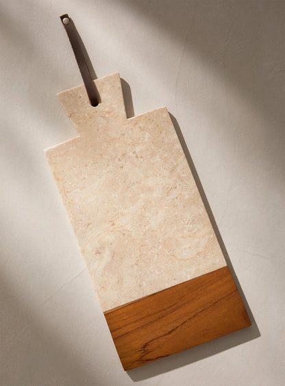 Planche à découper rectangulaire en marbre blanc et bois de teck