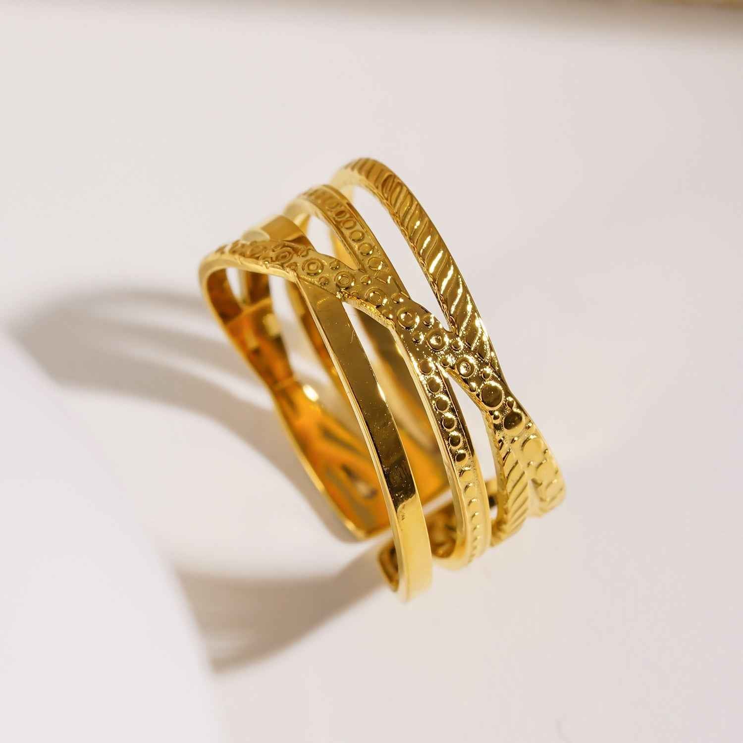 ALOIS: Cross Over Multi Stacked Textured Gold Ring