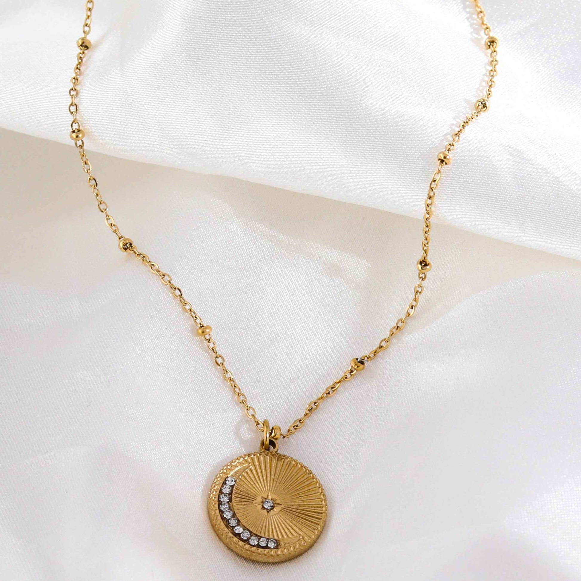 AMASA: Beaded Chain with Star & Pavé Crescent Moon Zirconia Charm - Gold