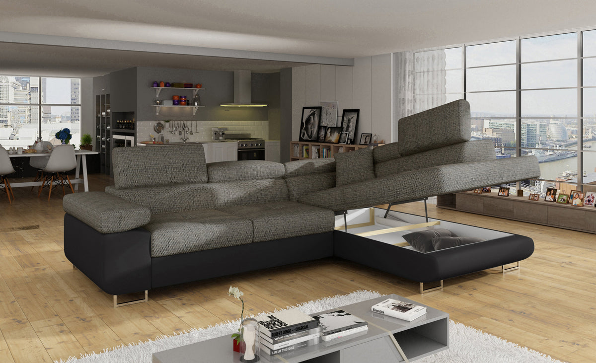 Anton Two-Tone Storage Sleeper Sectional Sofa - Grey/Black