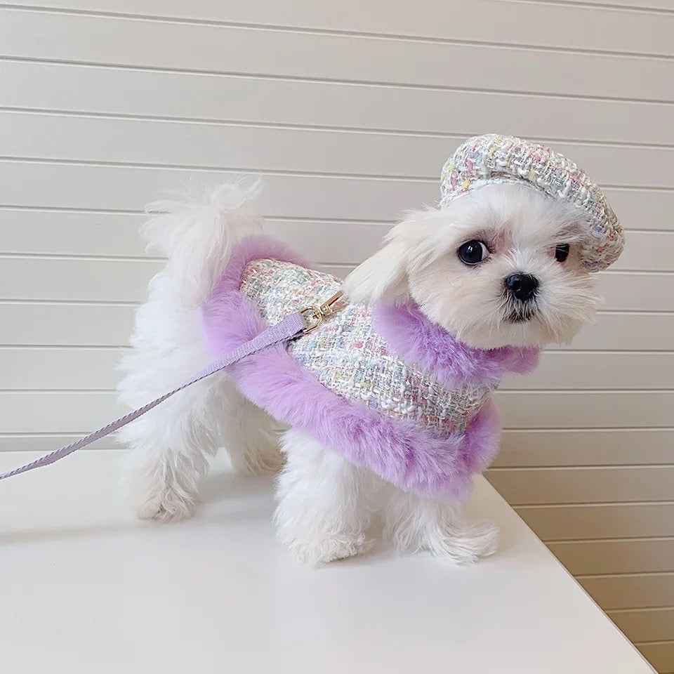 Lilac Harness and Leash Set | Plaid Dog Harness Hat Set